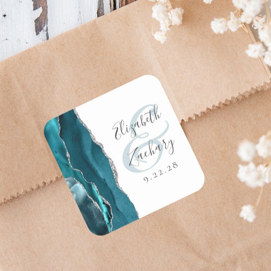 Sticker Carré Mariage bleu sarcelle écriture Agate Géode Argent