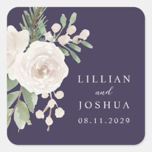 Sticker Carré Mariage botanique blanc hivernal violet