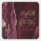 Sticker Carré Mariage Bourgogne Or Script Géode Agate (Devant)