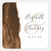 Sticker Carré Mariage Brun Mocha Script Géode d'Agate Or (Devant)