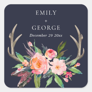 STICKER CARRÉ MARIAGE CAMPAGNARD FLORAL BOHO NAVY BLUSH ANTLER