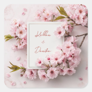 Sticker Carré Mariage Carré Marbre Or Fleur de Cerisier Rose
