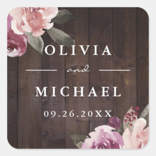 Sticker Carré Mariage champêtre floral pourpre mauve et mûre sur