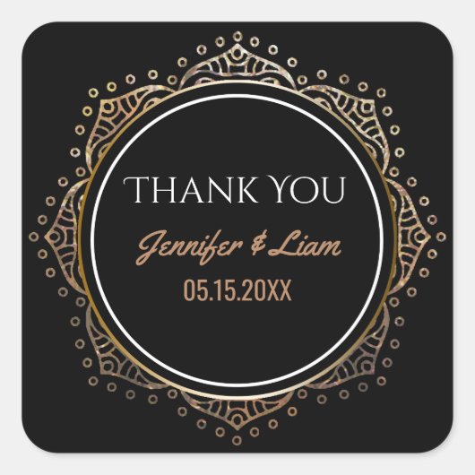 Sticker Carré Mariage Chic Black Gold Boho | Merci Favor (Devant)