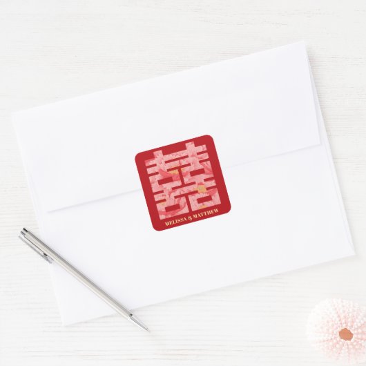Sticker Carré Mariage chinois Red Peony double bonheur (Enveloppe)