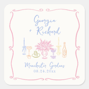 Sticker Carré Mariage Coloré & Fantaisiste Dessiné à la Main
