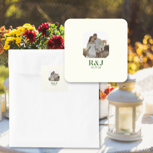 Sticker Carré Mariage Couple Ajouter Photo Vert Monogramme