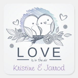 Sticker Carré Mariage d'amour personnalisé Purple Lovebirds
