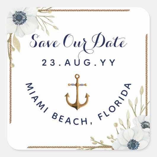 Sticker Carré Mariage d'Ancre d'anémone bleu et blanc marine (Devant)