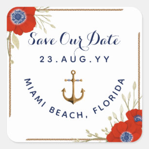 Sticker Carré Mariage d'Ancre d'anémone bleu et blanc ⚓ marine