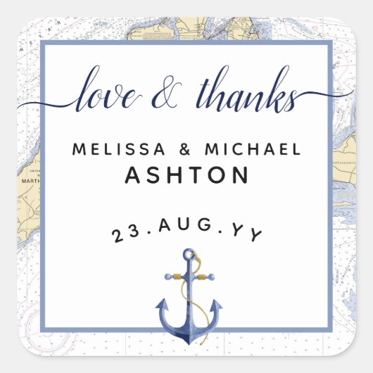 Sticker Carré Mariage d'Ancre du graphique nautique Merci / évén (Devant)