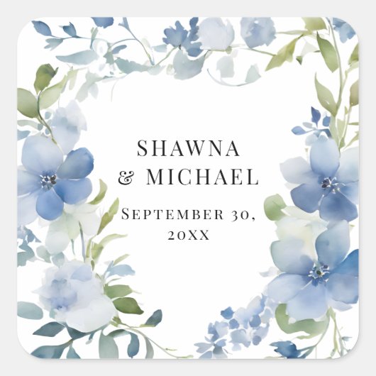 Sticker Carré Mariage d'aquarelle bleu floral moderne printemps (Devant)