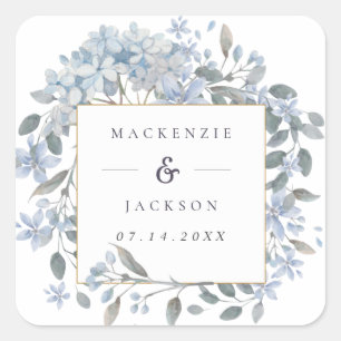 Sticker Carré Mariage d'aquarelle de cadre Blue Hydrangeas
