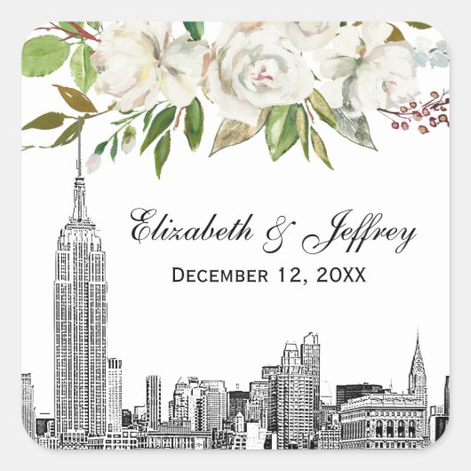 Sticker Carré Mariage d'aquarelle florale blanche NYC Skyline ES (Devant)