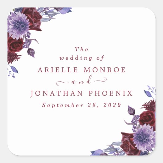 Sticker Carré Mariage d'aquarelle florale violet et blanc (Devant)