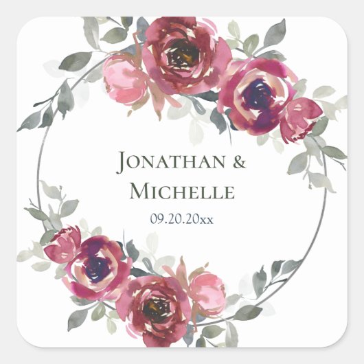 Sticker Carré Mariage d'aquarelle rose bordeaux gris (Devant)