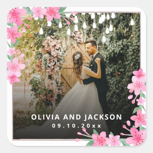 Sticker Carré Mariage de cadre doré rose fleuri de bienvenue (Devant)