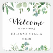 Sticker Carré Mariage de calligraphie Eucalyptus vert Bienvenue (Devant)