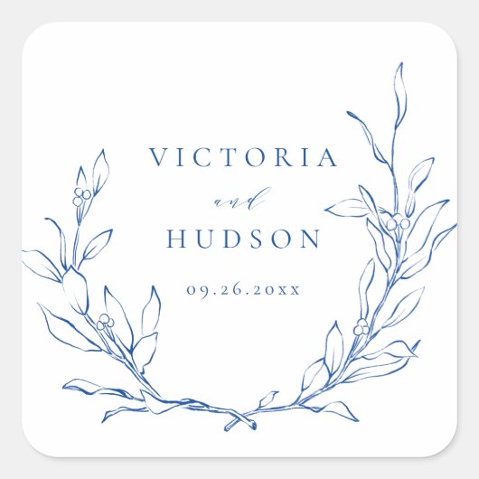 Sticker Carré Mariage de couronnes botaniques bleu simple (Devant)