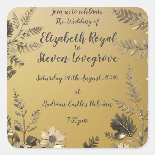 Sticker Carré Mariage de design floral clair et simple or (Devant)