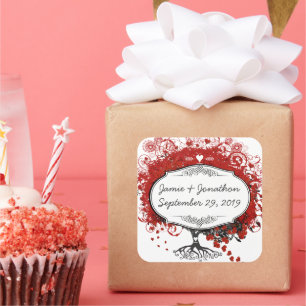 Sticker Carré Mariage de feuille de coeur rouge