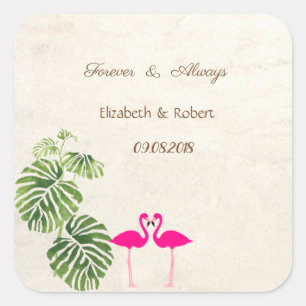 Sticker Carré Mariage de Flamants roses tropicaux