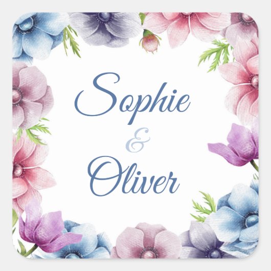 Sticker Carré Mariage de fleurs d'anémone aquarelle (Devant)