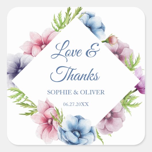 Sticker Carré Mariage de fleurs d'anémone aquarelle (Devant)