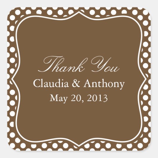 Sticker Carré Mariage de Merci à points Polka Brown et blanc (Devant)