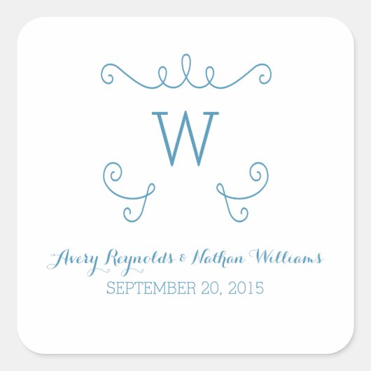 Sticker Carré Mariage de monogramme bleu Whimsical Flourd (Devant)