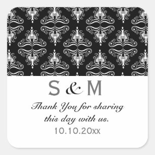 Sticker Carré Mariage de monogramme de Merci noir blanc