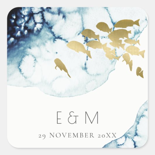Sticker Carré Mariage DE MONOGRAMME DE POISSON SOUS-MARINE GOLD  (Devant)