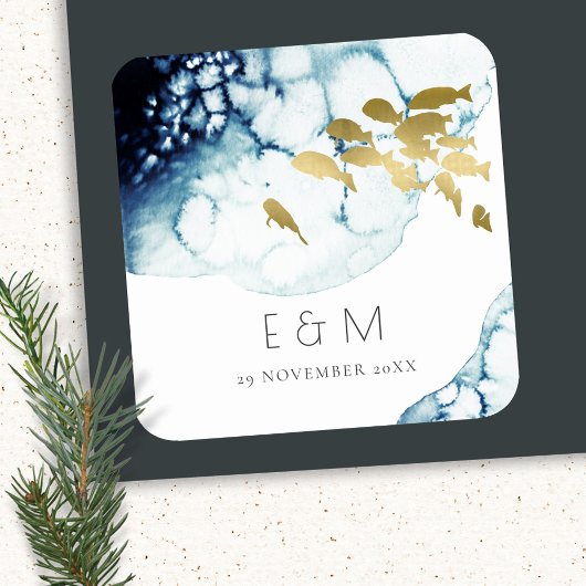 Sticker Carré Mariage DE MONOGRAMME DE POISSON SOUS-MARINE GOLD 