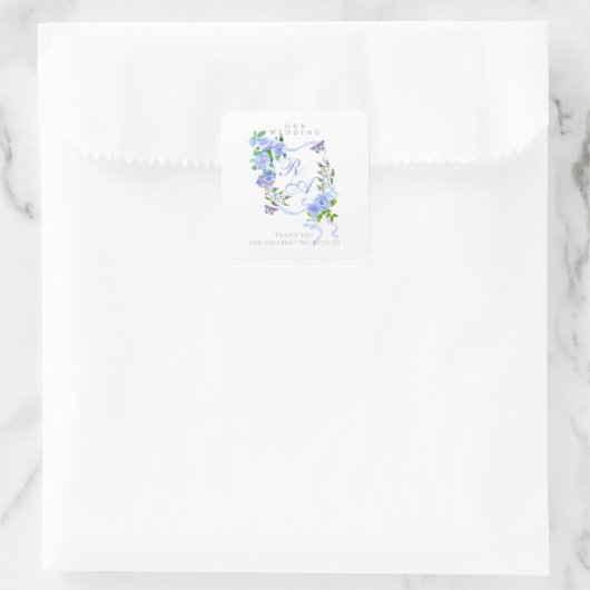 Sticker Carré Mariage de monogramme de ruban bleu (Sac)