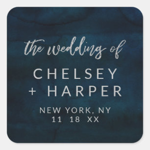 Sticker Carré Mariage de monogramme en argent bleu foncé de la m
