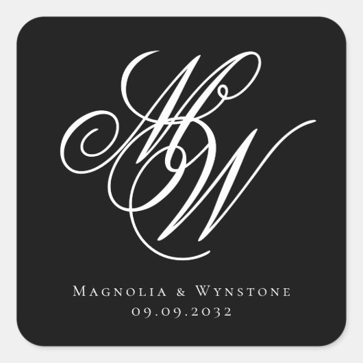Sticker Carré Mariage de monogramme noir chic (Devant)