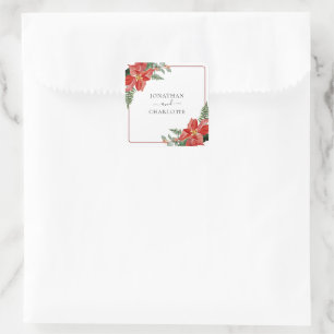 Sticker Carré Mariage de Noël Rouge Poinsettia Hiver Rustique