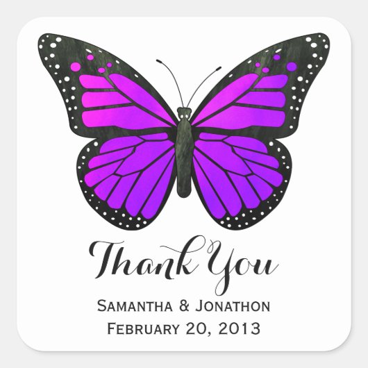 Sticker Carré Mariage de papillon de Monarque violet Merci  (Devant)