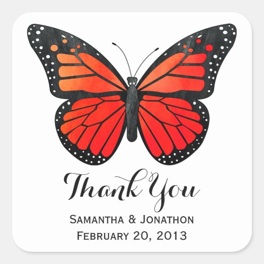 Sticker Carré Mariage de papillon rouge Monarque Merci (Devant)
