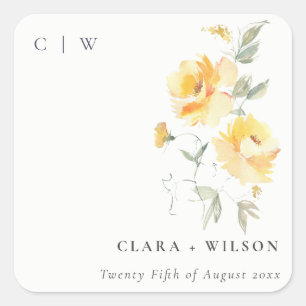 Sticker Carré Mariage   de Rose à aquarelle jaune vert
