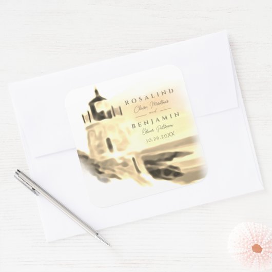 Sticker Carré Mariage de script Chic Gold Watercolor (Enveloppe)