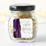 Sticker Carré Mariage de script d'or violet marbre Agate<br><div class="desc">Cet élégant autocollant mariage moderne présente une aquarelle violette conception géode aquarelle avec parties scintillant en faux or. Customisez facilement l'or et le texte noir sur un arrière - plan en marbre gris et blanc, avec les noms de la mariée et du marié en calligraphie manuscrite sur une grande et...</div>