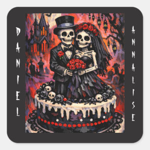 Sticker Carré Mariage de squelettes, amants gothiques s'étreigne