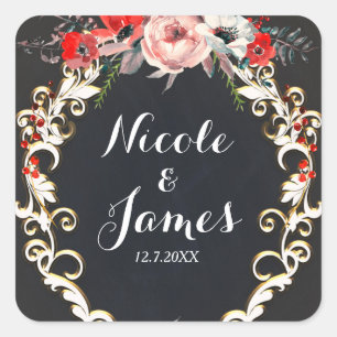 Sticker Carré Mariage d'hiver de décembre Faveur florale de houx