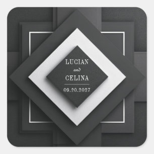 Sticker Carré Mariage Diamant Texturé Noir Blanc Monochrome