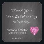 Sticker Carré Mariage Diamond Merci Chalkboard personnalisé<br><div class="desc">Joli autocollants/étiquettes mariage ou anniversaire. Tableau de bord avec coeur en diamant faux rose. "Merci de célébrer avec nous". Peut être modifié comme vous le souhaitez. Trouvé dans "Mariage STICKERS & collection de ÉTIQUETTES.</div>