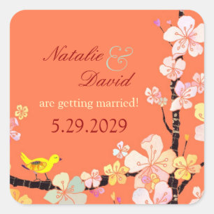 Sticker Carré Mariage d'oiseaux cerise en fleurs Enregistrer la