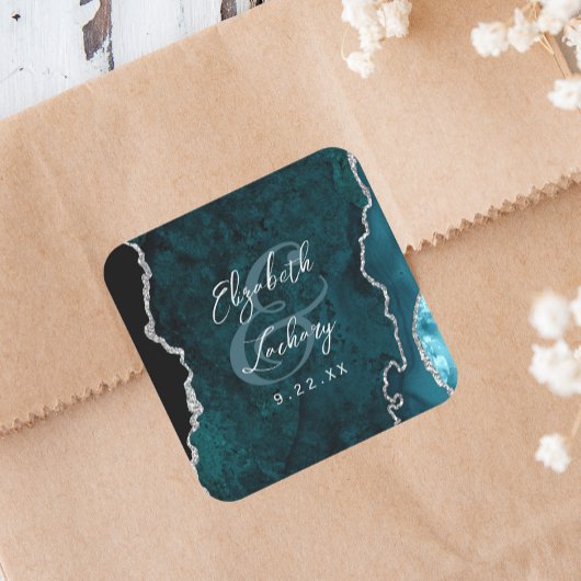 Sticker Carré Mariage écriture Agate Bleu sarcelle Argent