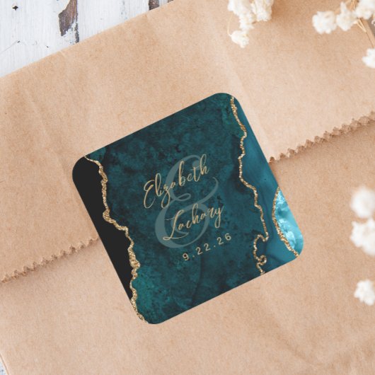 Sticker Carré Mariage écriture Agate Bleu sarcelle Or