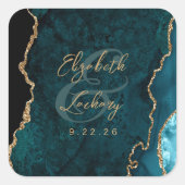 Sticker Carré Mariage écriture Agate Bleu sarcelle Or (Devant)